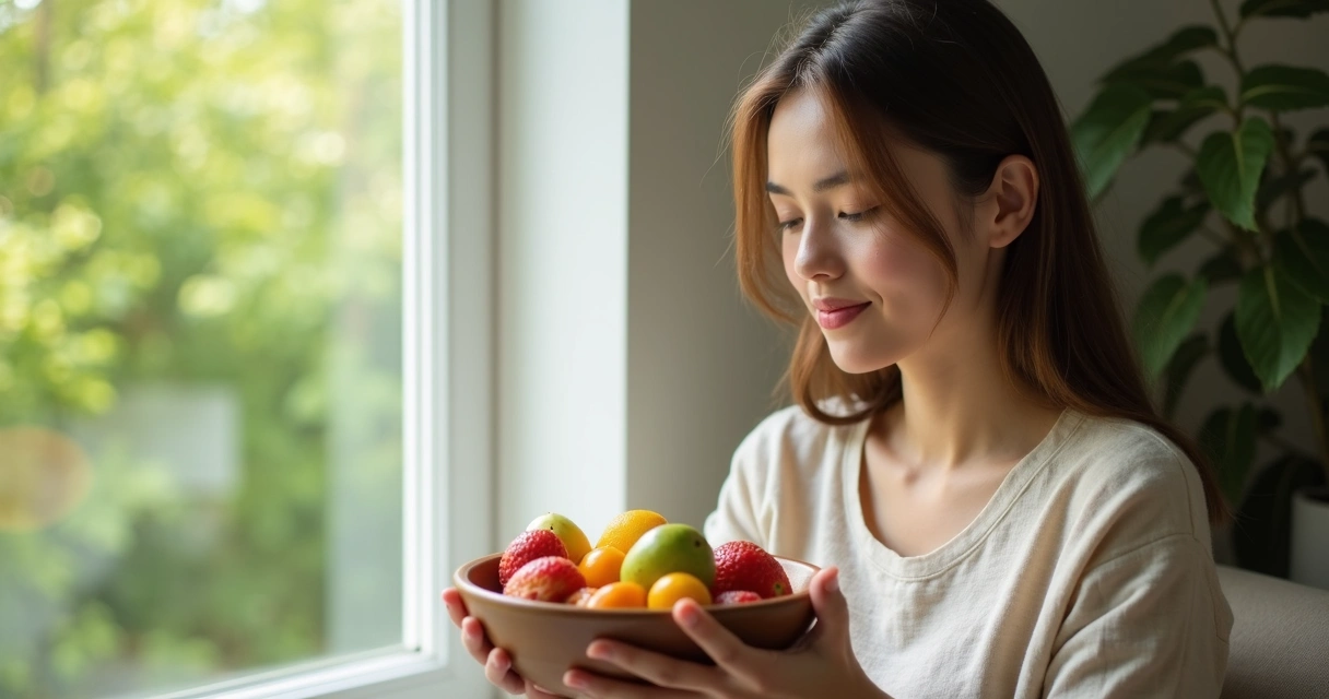 Mulher aprecia alimento saudável olhando para a natureza pela janela