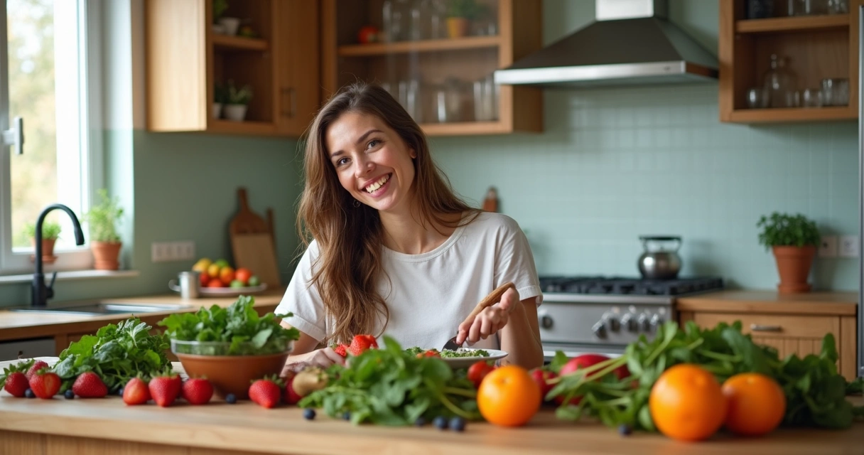 Mulher jovem sentada à mesa com frutas e vegetais coloridos