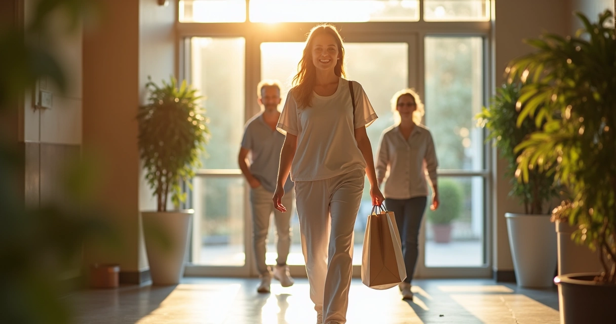 Mulher sorridente deixando hospital com acompanhante, luz natural e ar renovado 