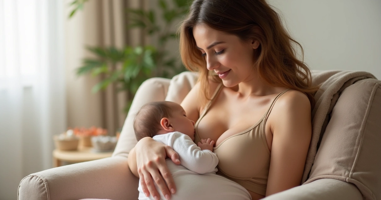 Mulher amamentando usando sutiã de amamentação sem bojo 