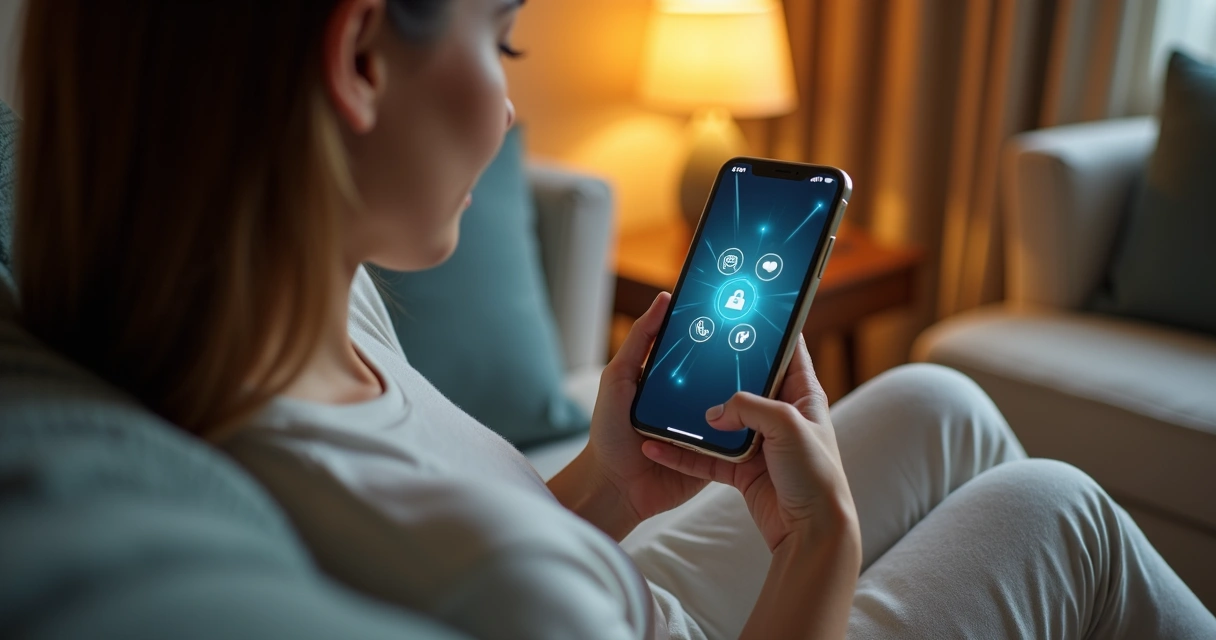 Mulher navegando em aplicativo de bem-estar em celular, sozinha e em ambiente reservado 