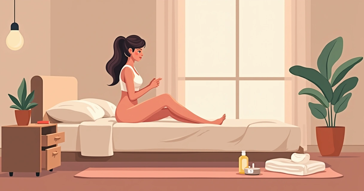 Mulher em ambiente íntimo com luz suave e objetos de autocuidado
