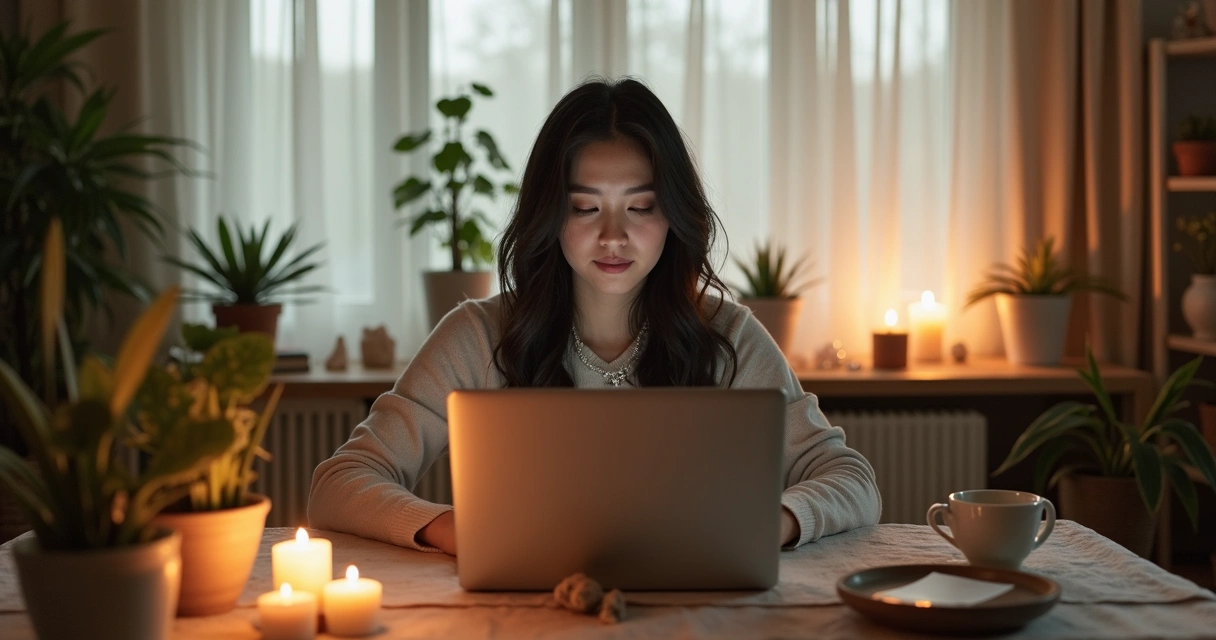 Mulher de cabelos escuros sentada em ambiente calmo, usando notebook para tirar cartas do tarot. 