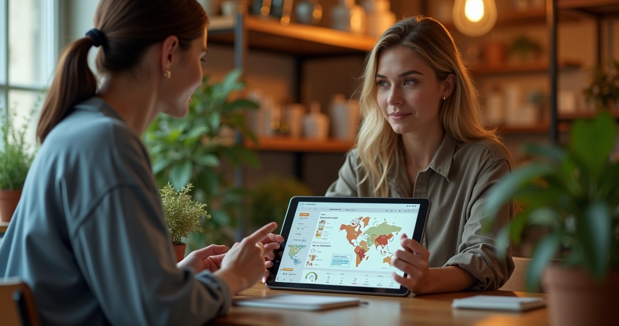 Mulher analisando informações de clientes em um tablet