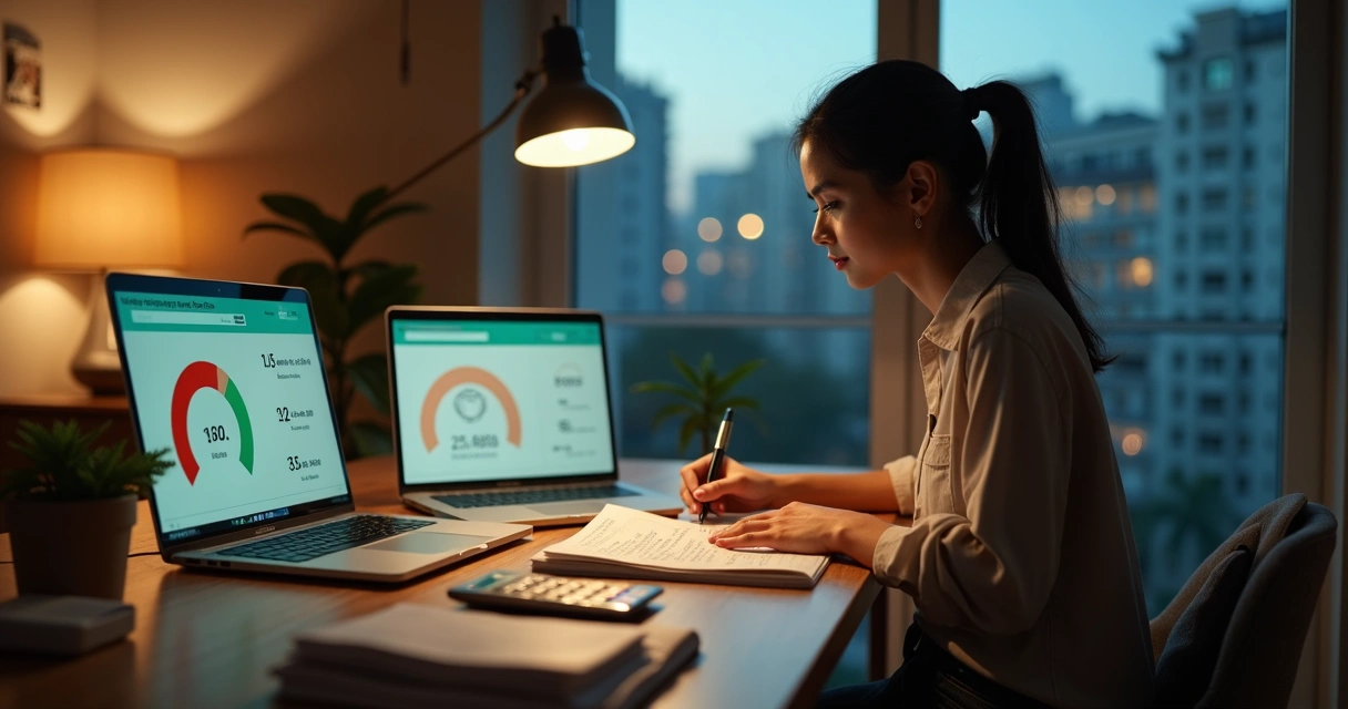Mulher analisando opções de crédito para comprar imóvel em tela de notebook 