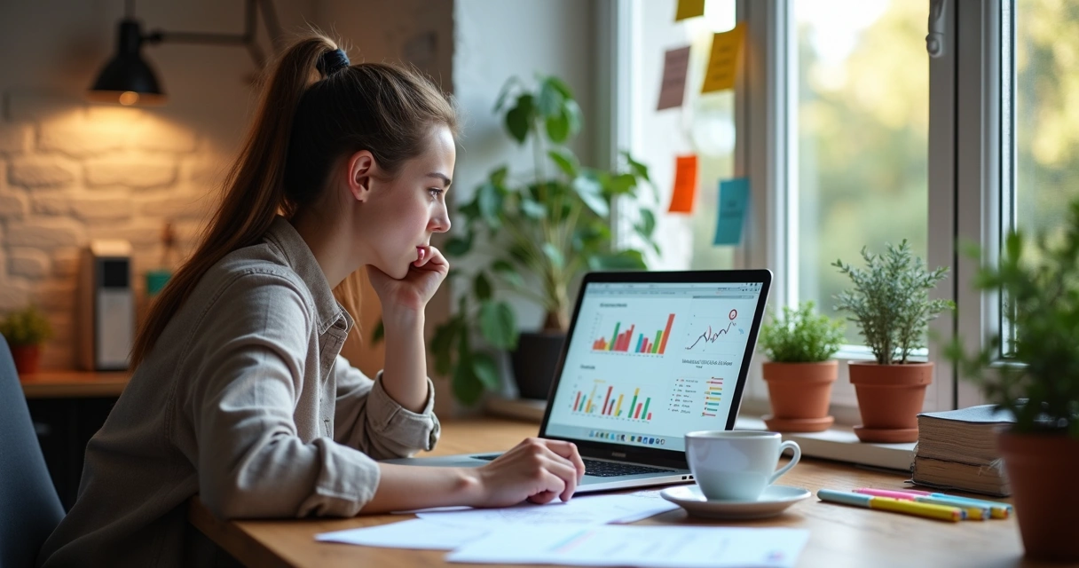 Mulher sentada à mesa analisando dados gráficos em laptop, com papéis espalhados ao redor. 