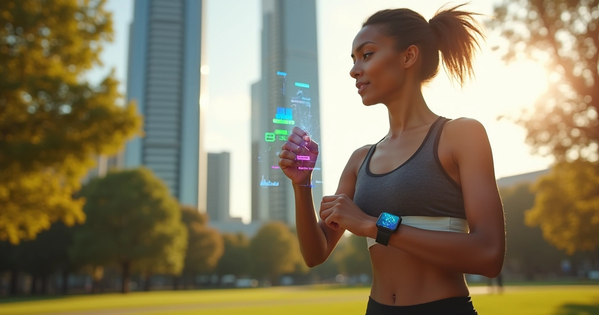 Mulher analisando dados de wearable no pulso 