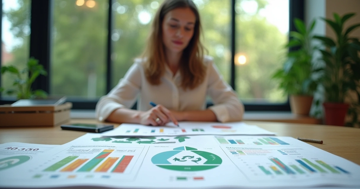 Mulher analisando documentos e gráficos sobre reciclagem em escritório 