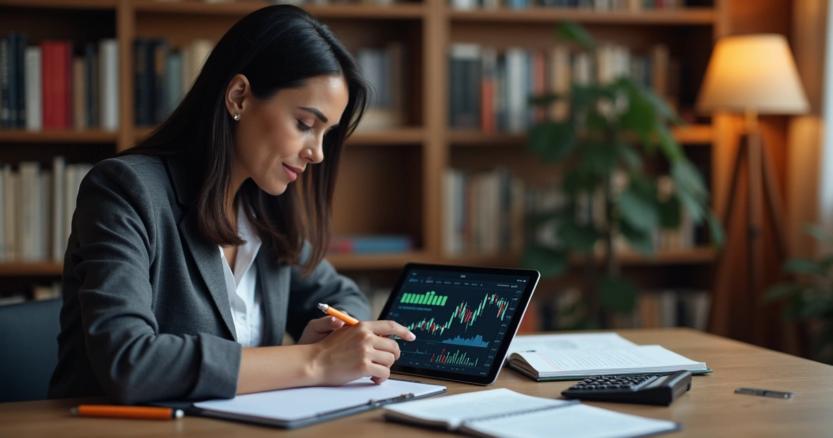 Mulher analisando gráficos financeiros em tablet e anotações 