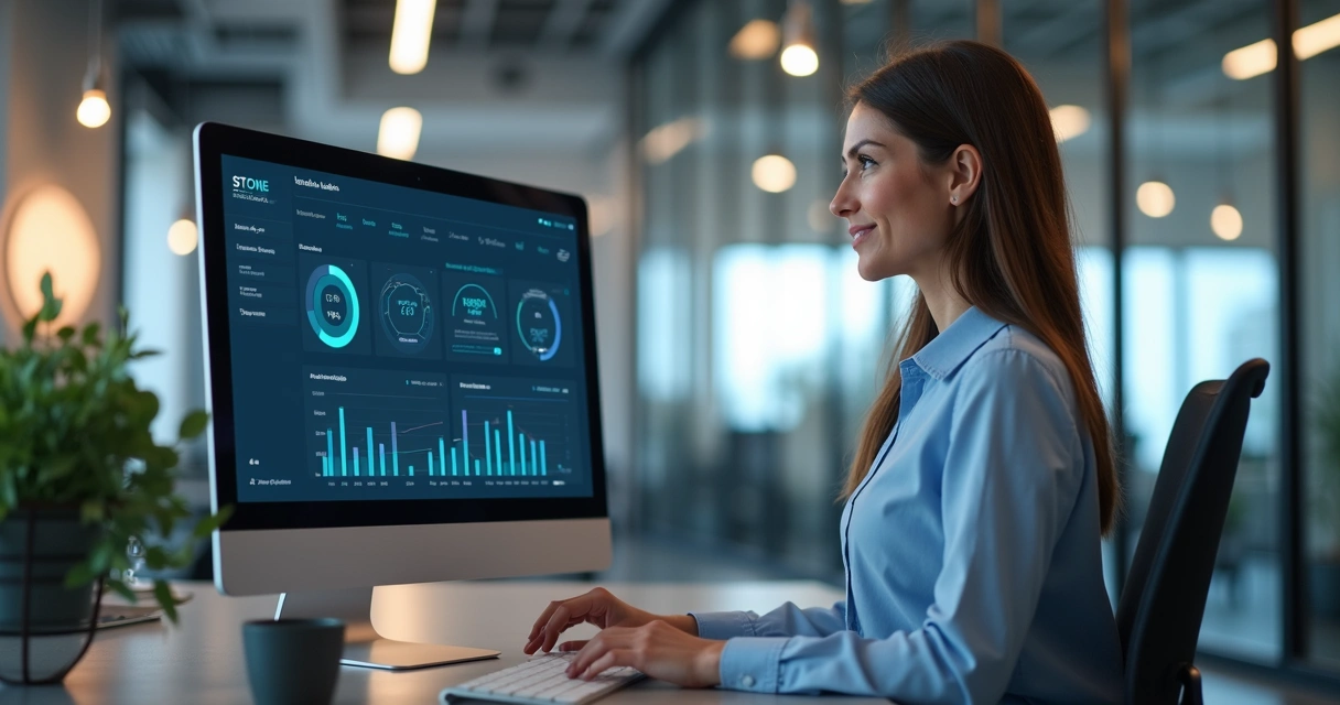 Mulher observando tela de computador com leads identificados 