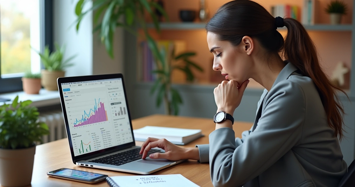 Mulher analisando gráficos de nicho digital no notebook 
