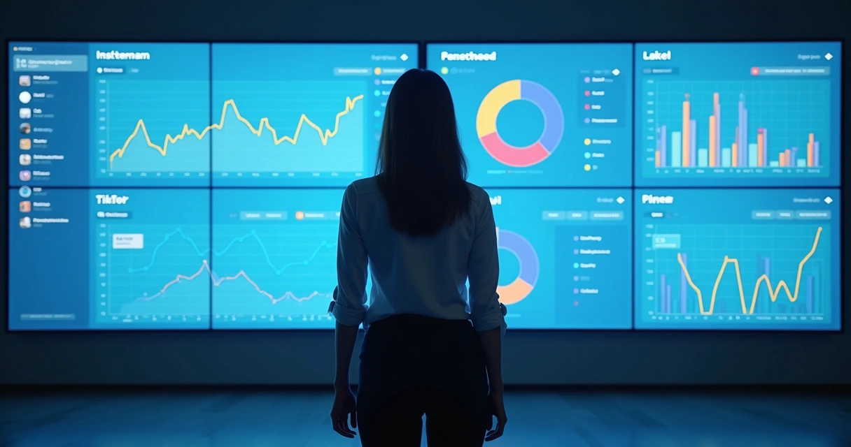 Mulher analisando dados de redes sociais em telas 