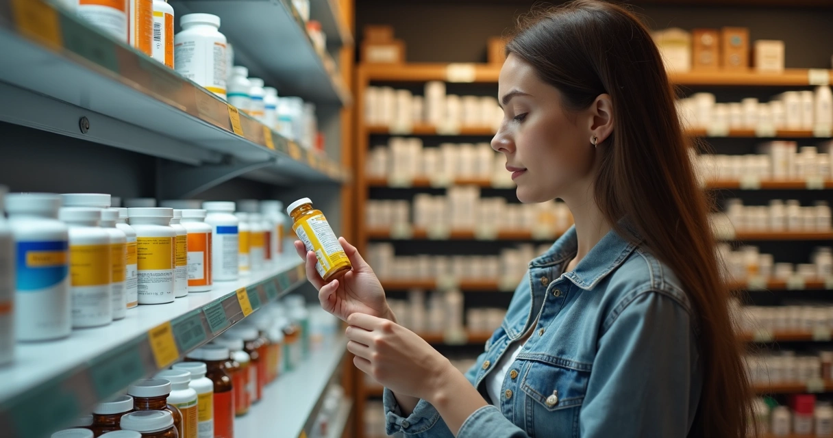 Mulher analisando rótulos de suplementos na farmácia 