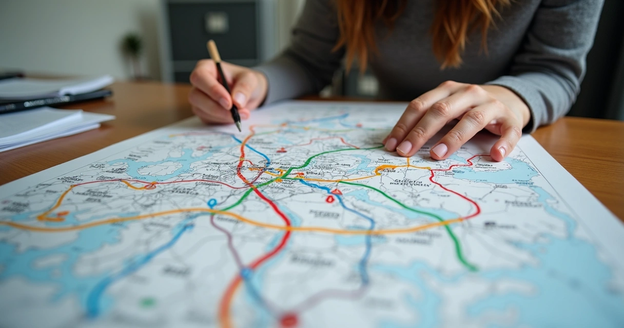 Mulher analisando caminho de crescimento pessoal em mapa numa mesa