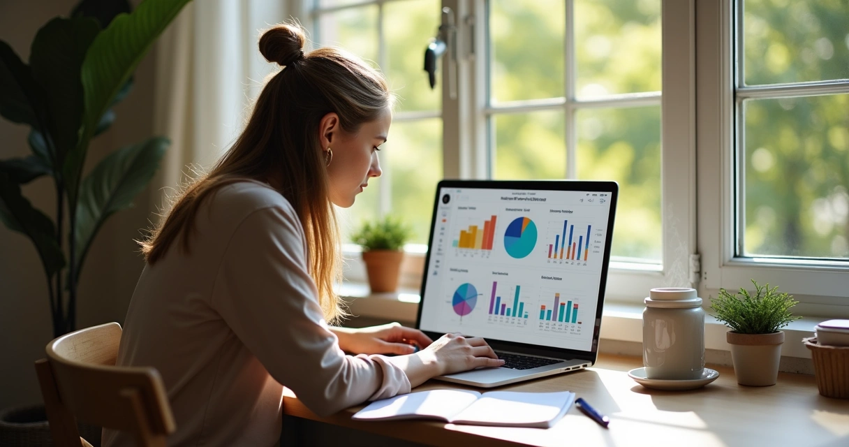 Jovem analisando resultados de campanha de e-mail no notebook 