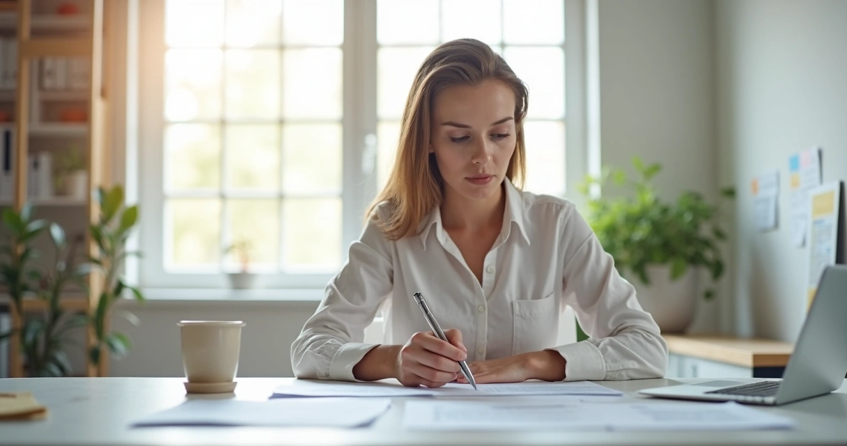 Mulher analisando opções em folhas de papel, expressão concentrada e ambiente iluminado