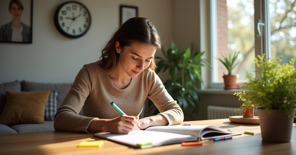 Mulher observando anotações em um caderno de humor