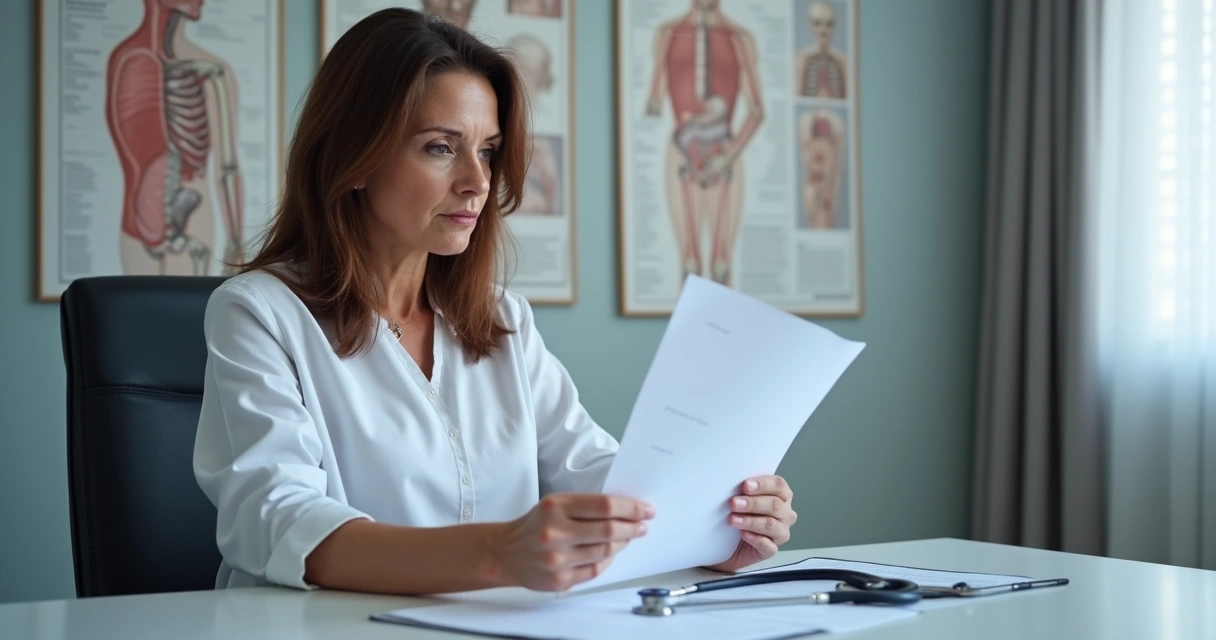 Mulher segurando exames médicos em consultório