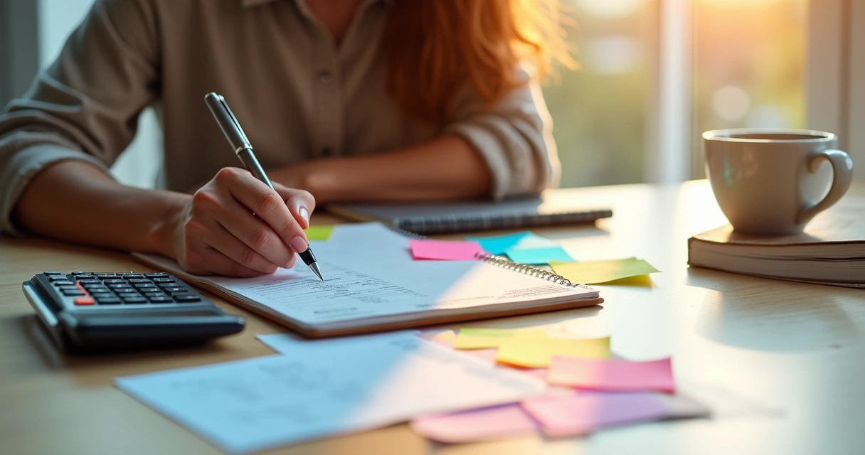 Mulher analisando finanças em caderno com calculadora na mesa 