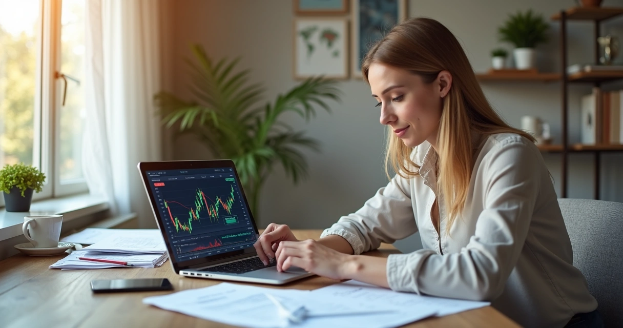 Mulher sentada à mesa analisando gráficos financeiros no laptop em ambiente doméstico iluminado 