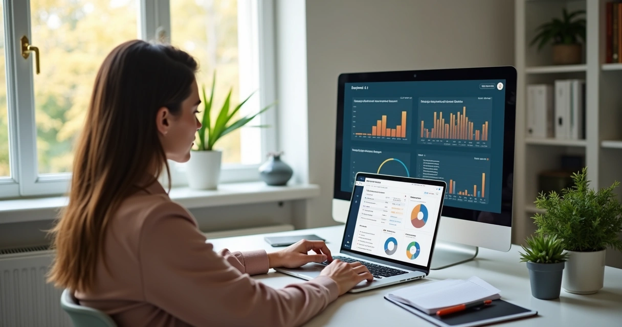Profissional analisando relatórios de marketing em notebook com apoio de IA 