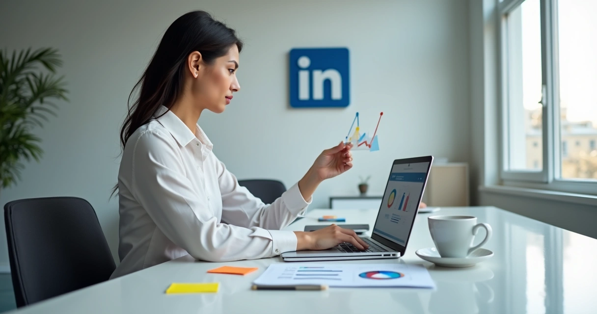 Mulher analisando publicações no LinkedIn em um notebook