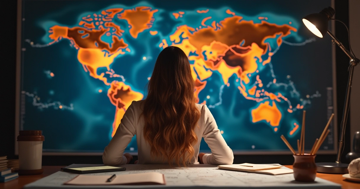 Mulher observando mapa mundi astrológico com pontos marcados 