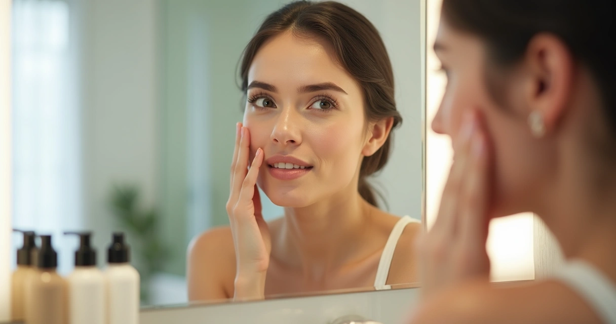 Mulher analisando seu tipo de pele em frente ao espelho com expressão concentrada 