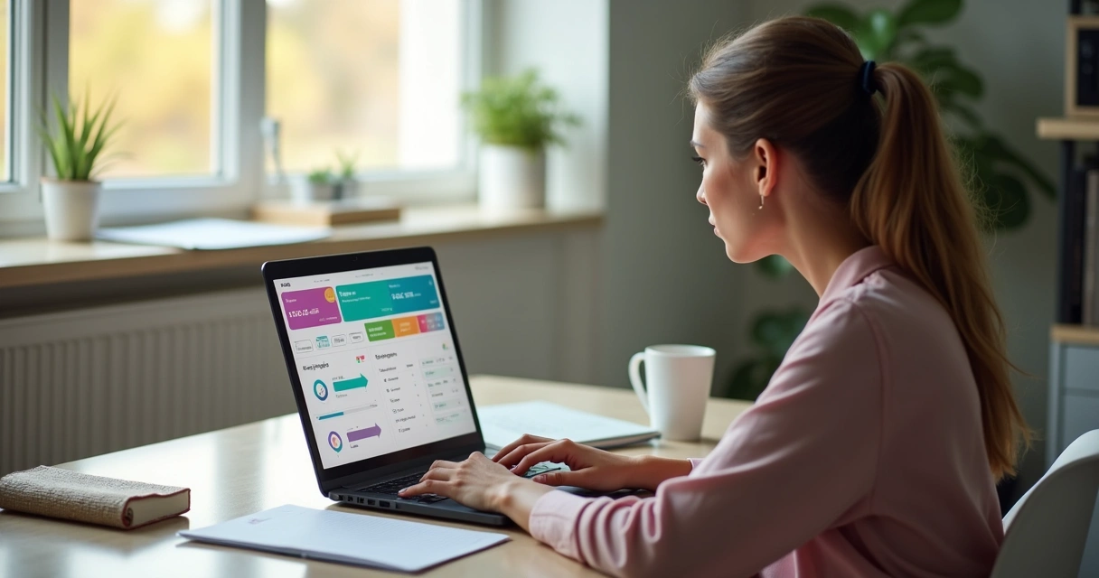 Mulher analisando planejamento financeiro em aplicativo no notebook 