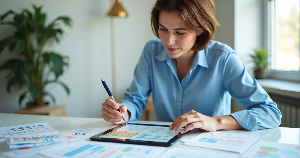 Mulher analisando planilha financeira na mesa