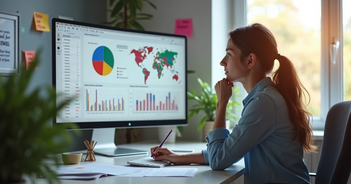 Mulher analisando gráficos e perfis em computador, papéis na mesa, ambiente claro