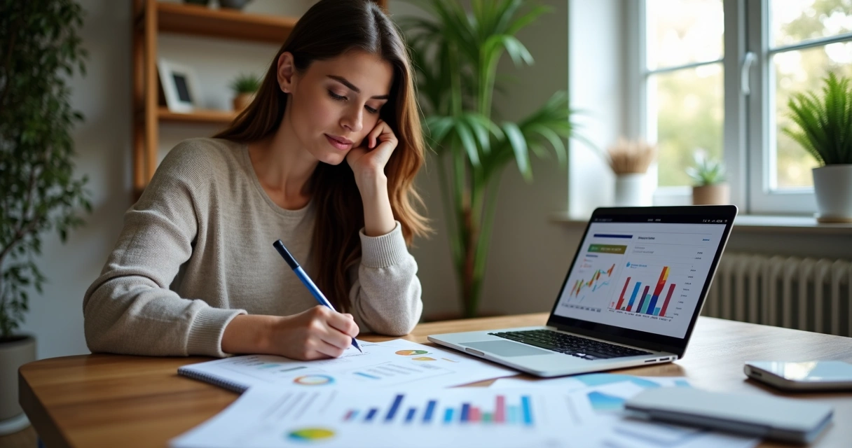Mulher analisando relatório de prospecção em casa, anotando em folha 