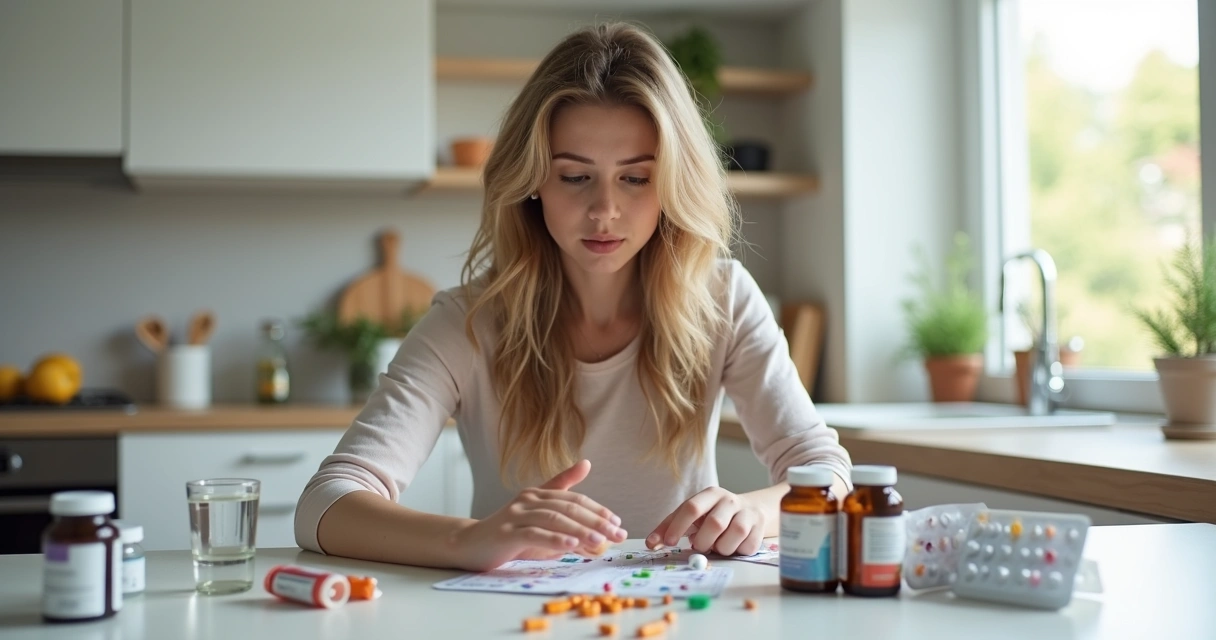 Mulher analisando frascos de suplementos sobre a mesa com expressão de dúvida 