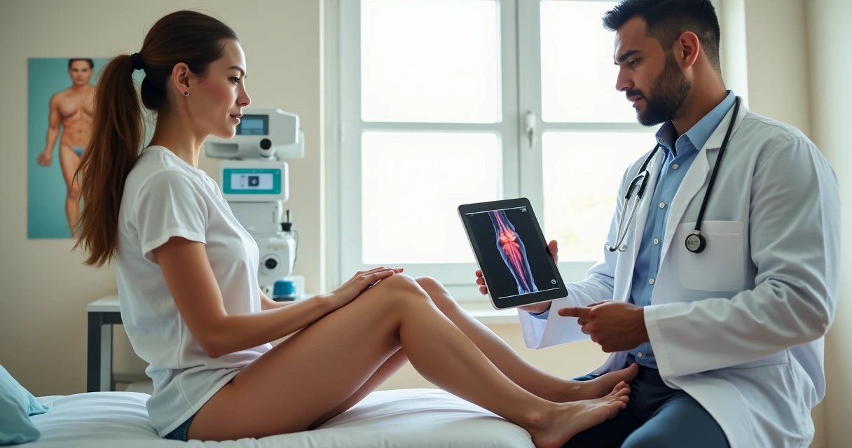 Mulher sentada em consultório observando varizes nas pernas durante avaliação vascular 