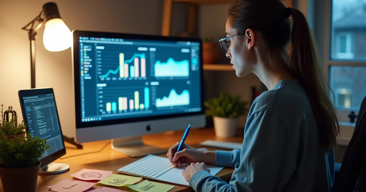 Mulher analisando campanha de anúncios digitais