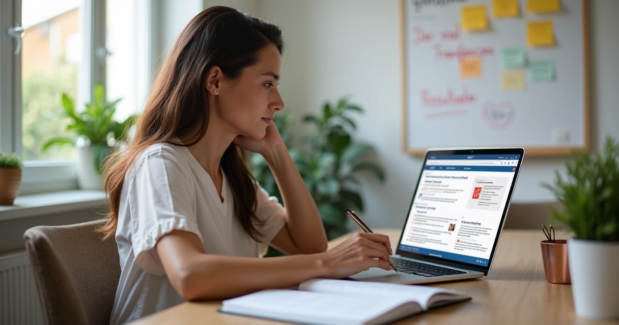 Mulher analisando em computador se infoproduto resolve dores reais 