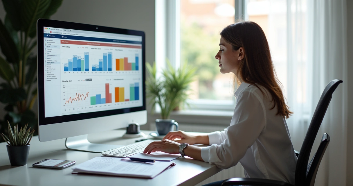Mulher analisando oportunidades de leilões de imóveis no laptop em ambiente moderno e organizado 