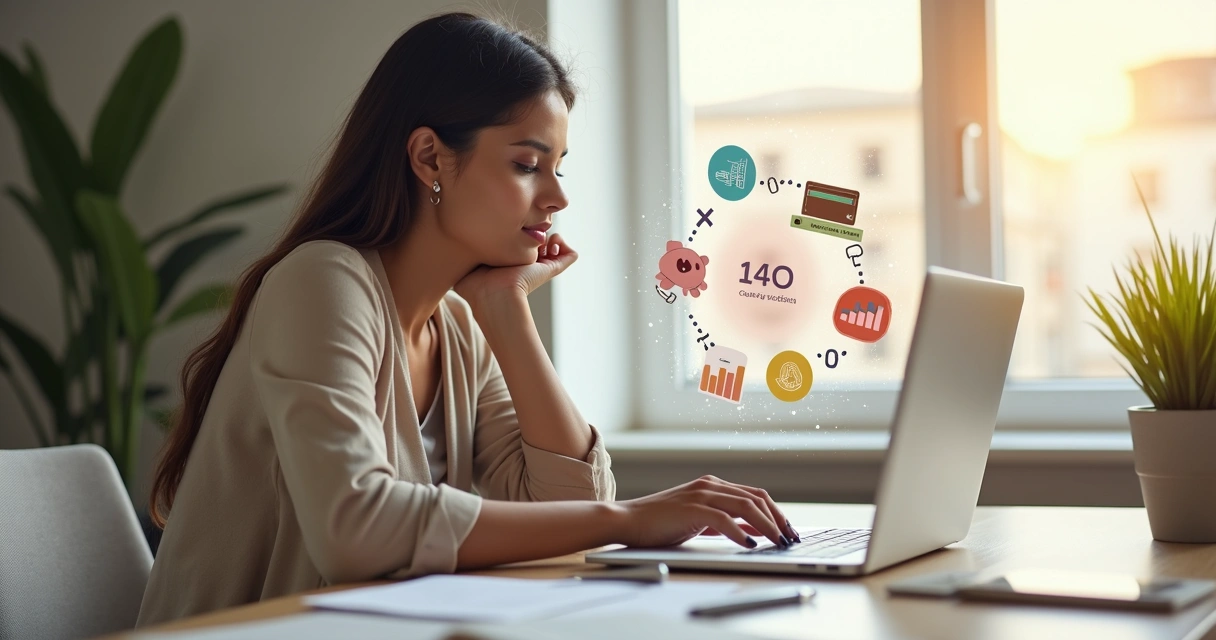 Mulher analisando finanças em laptop cercada por ícones de obstáculos financeiros 