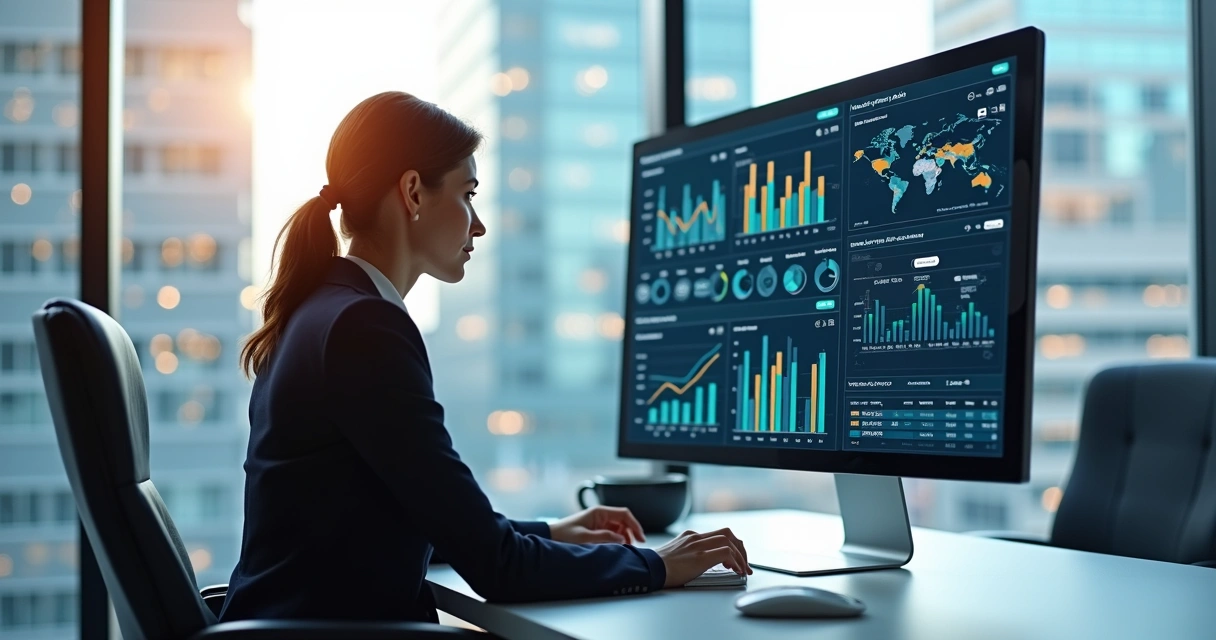 Mulher analisando relatórios financeiros em escritório moderno 