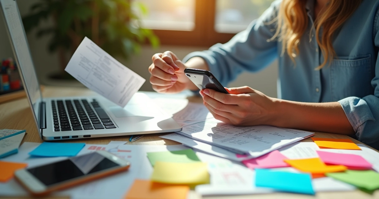 Analista de marketing registra finanças no celular e na planilha ao mesmo tempo.