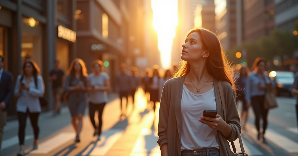 Mulher caminhando na calçada movimentada olhando para um feixe de luz no céu urbano 