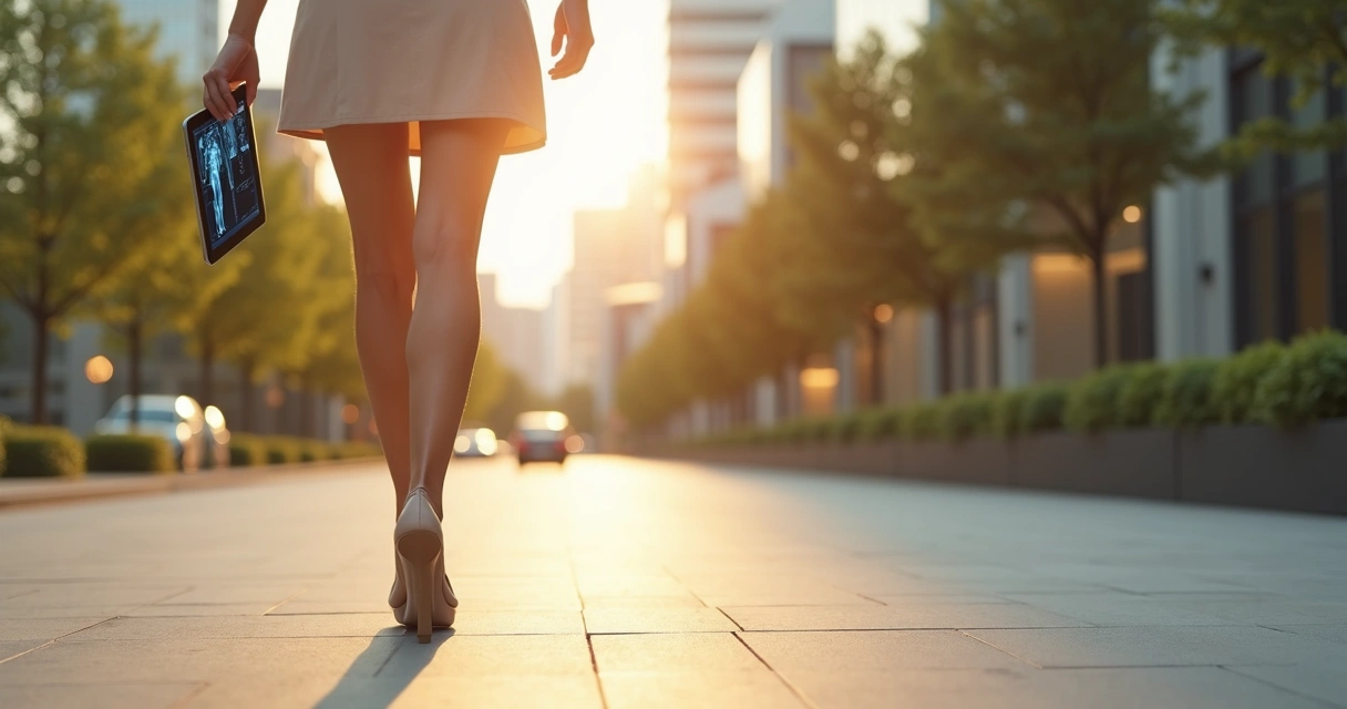 Mulher caminhando confiante em avenida urbana exibindo pernas saudáveis 