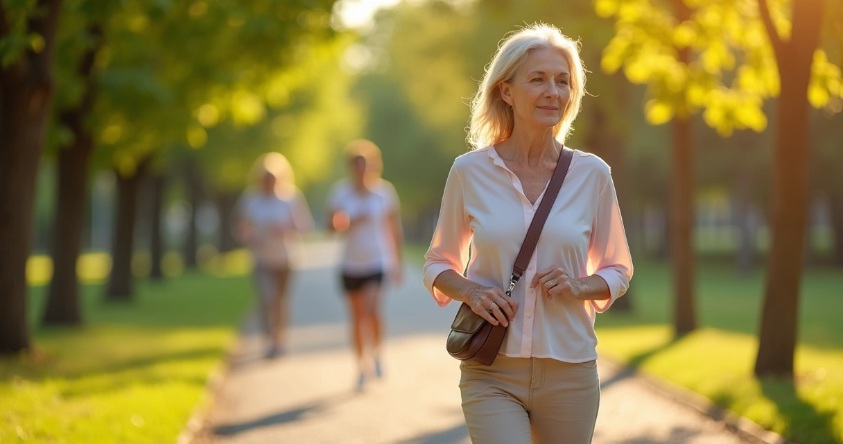 Mulher de meia-idade caminhando com postura ereta em parque urbano ensolarado 