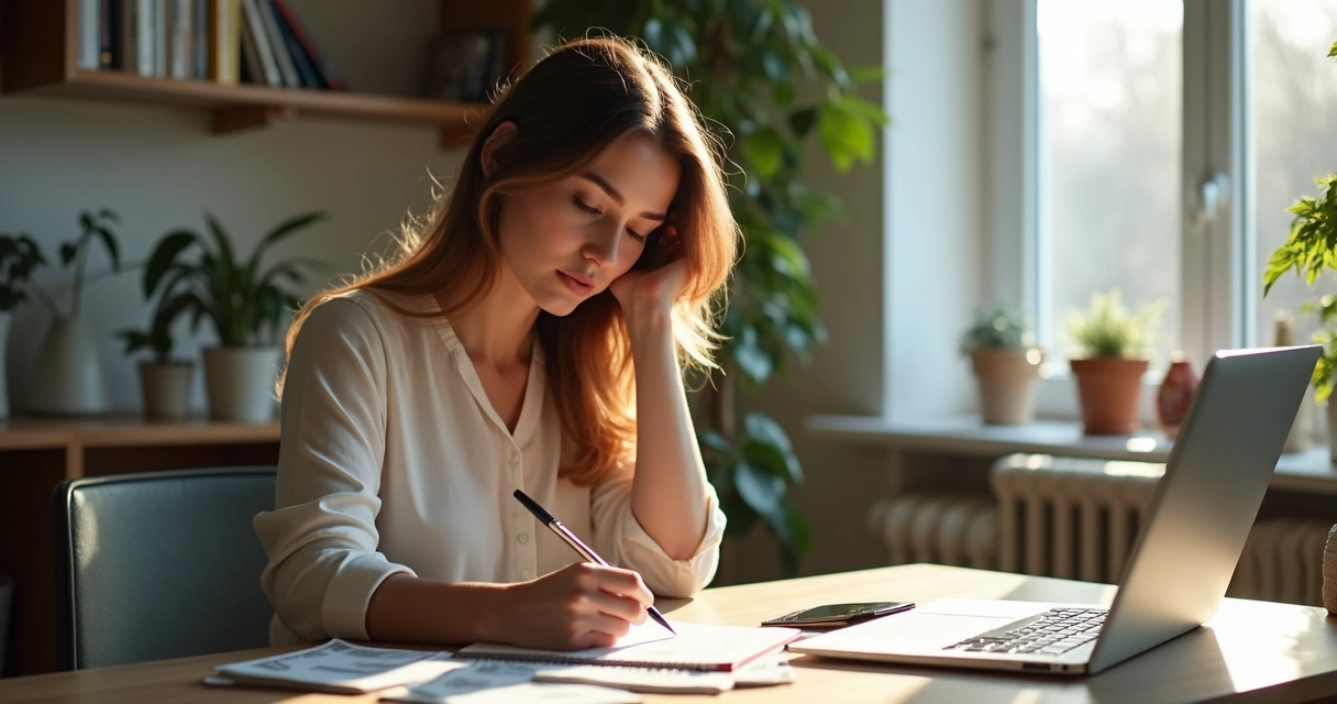 Mulher anota gastos enquanto reflete em seu caderno em casa 