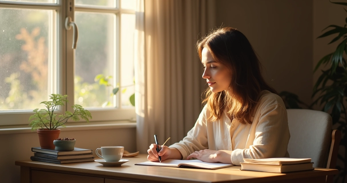 Mulher escrevendo em diário sentada à mesa com luz suave 