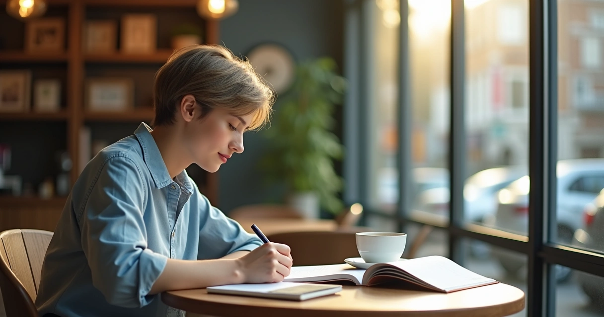 Mulher faz anotações em livro em ambiente de cafeteria 