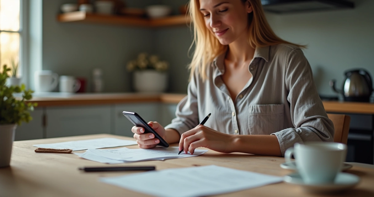 Mulher escrevendo no celular com papéis e caneta ao lado 