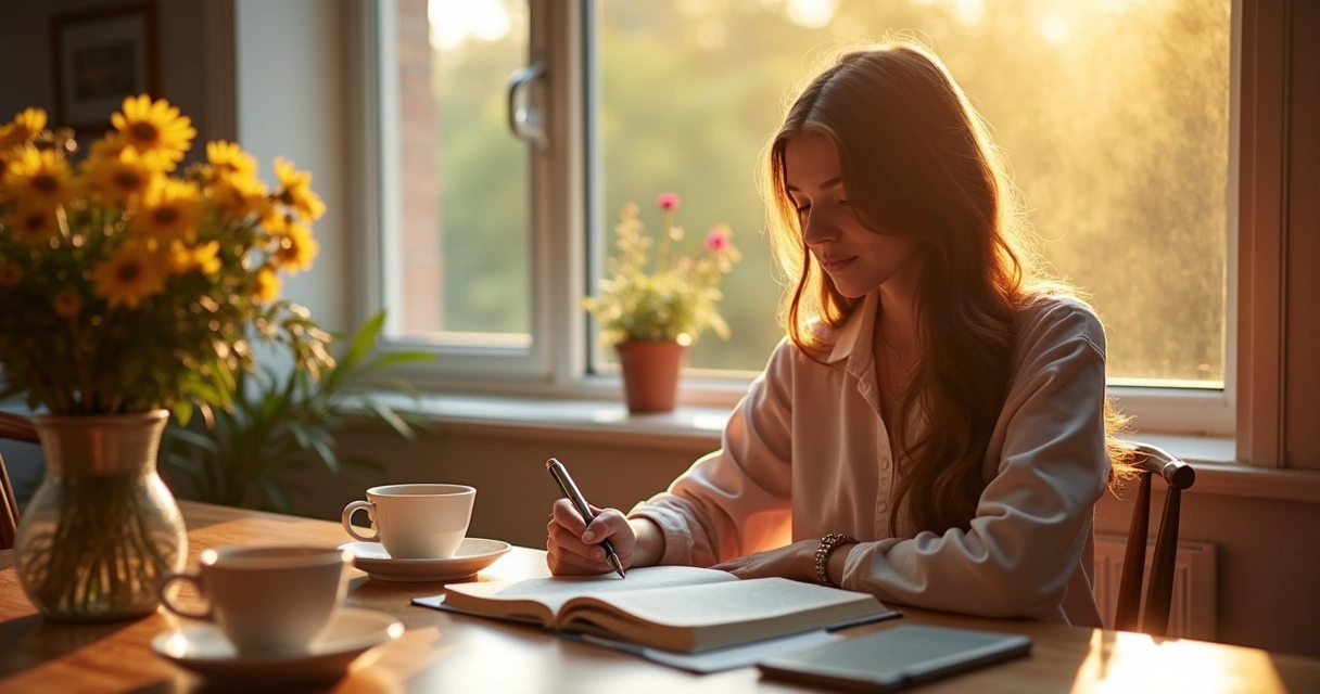Mulher escrevendo devocional em caderno sentada à mesa com luz da manhã 