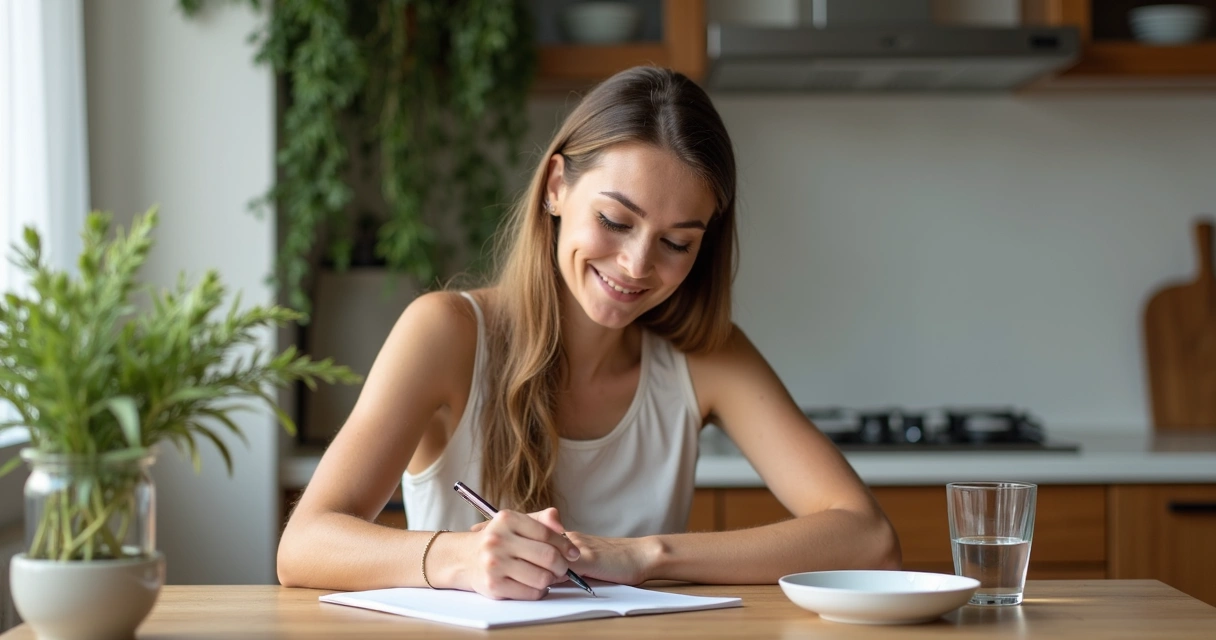 Mulher anotando em diário alimentar depois de comer 