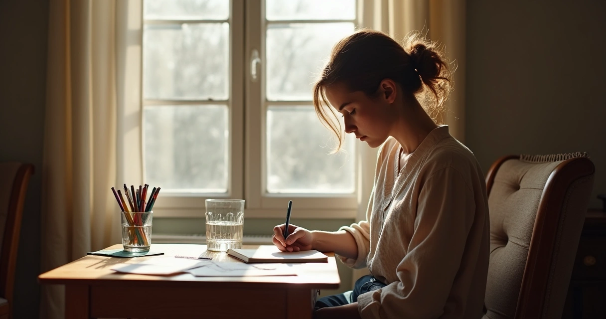 Mulher sentada escrevendo em diário 